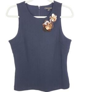 Banana Republic TOp Womens Small Flower Applique Broach Crepe Navy Sleeveless